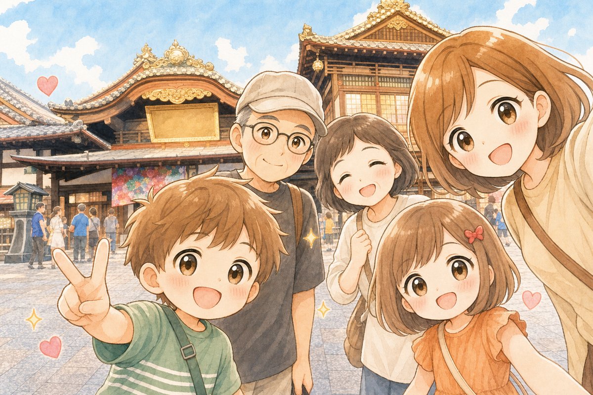 道後温泉本館の前で記念撮影をする家族(イラスト)