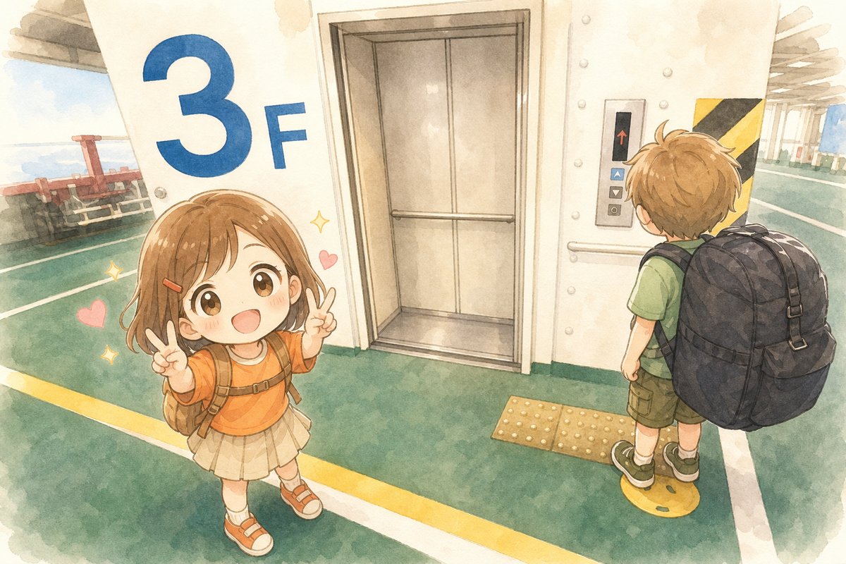オレンジフェリーに乗り込む家族のイラスト