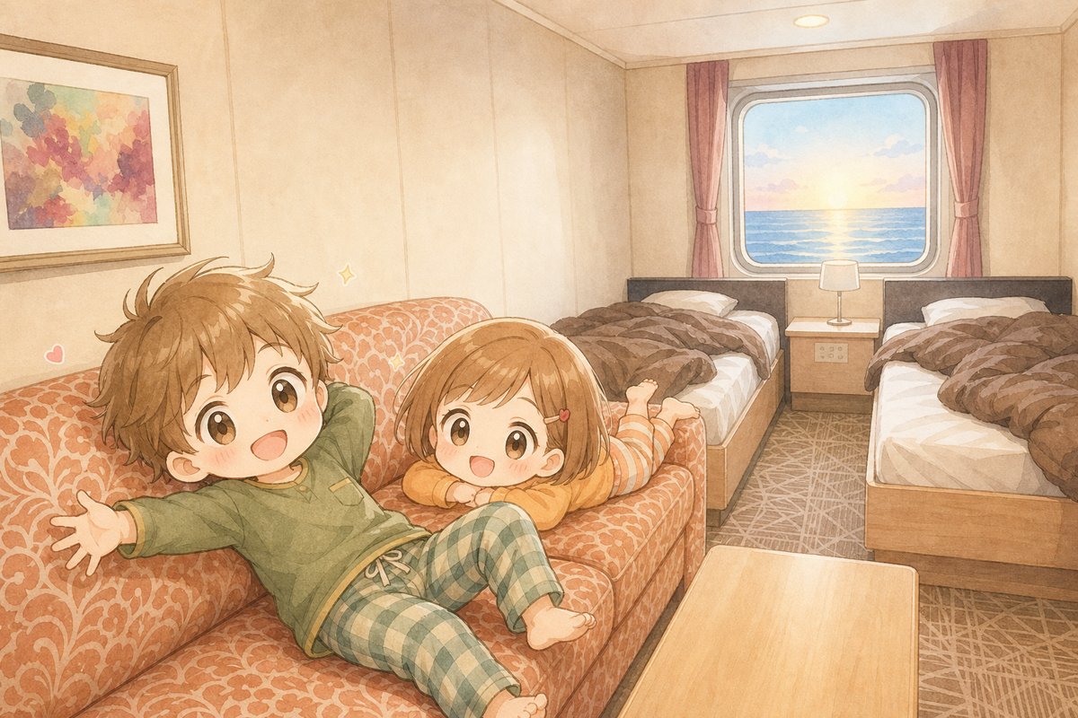 オレンジフェリーの船内で朝をゆっくり過ごす家族のイラスト