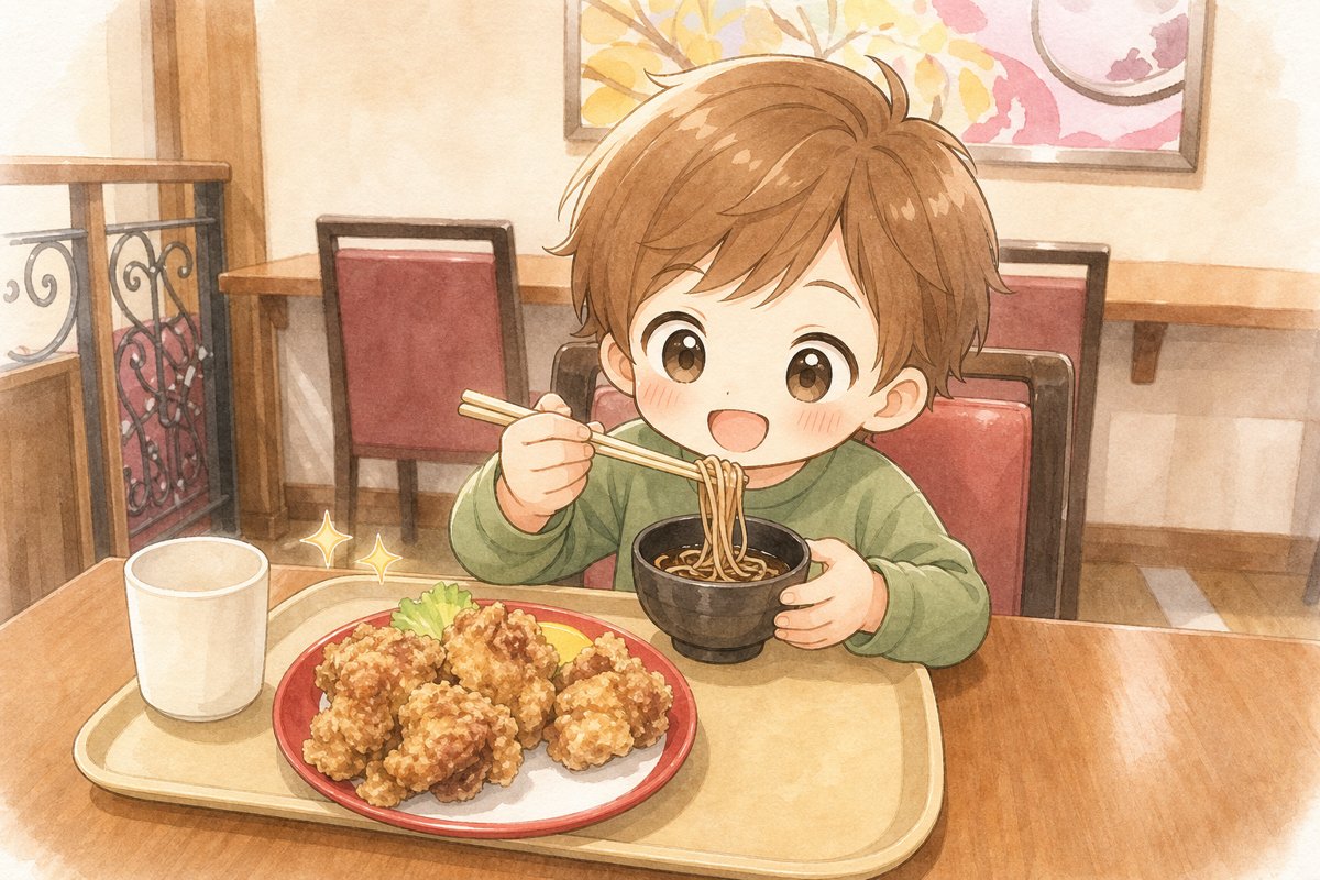 オレンジフェリーの船内レストランで食事する家族のイラスト