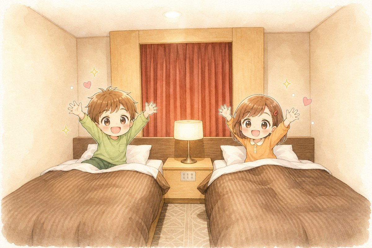 オレンジフェリーのスイートルームで喜ぶ子どもたちのイラスト