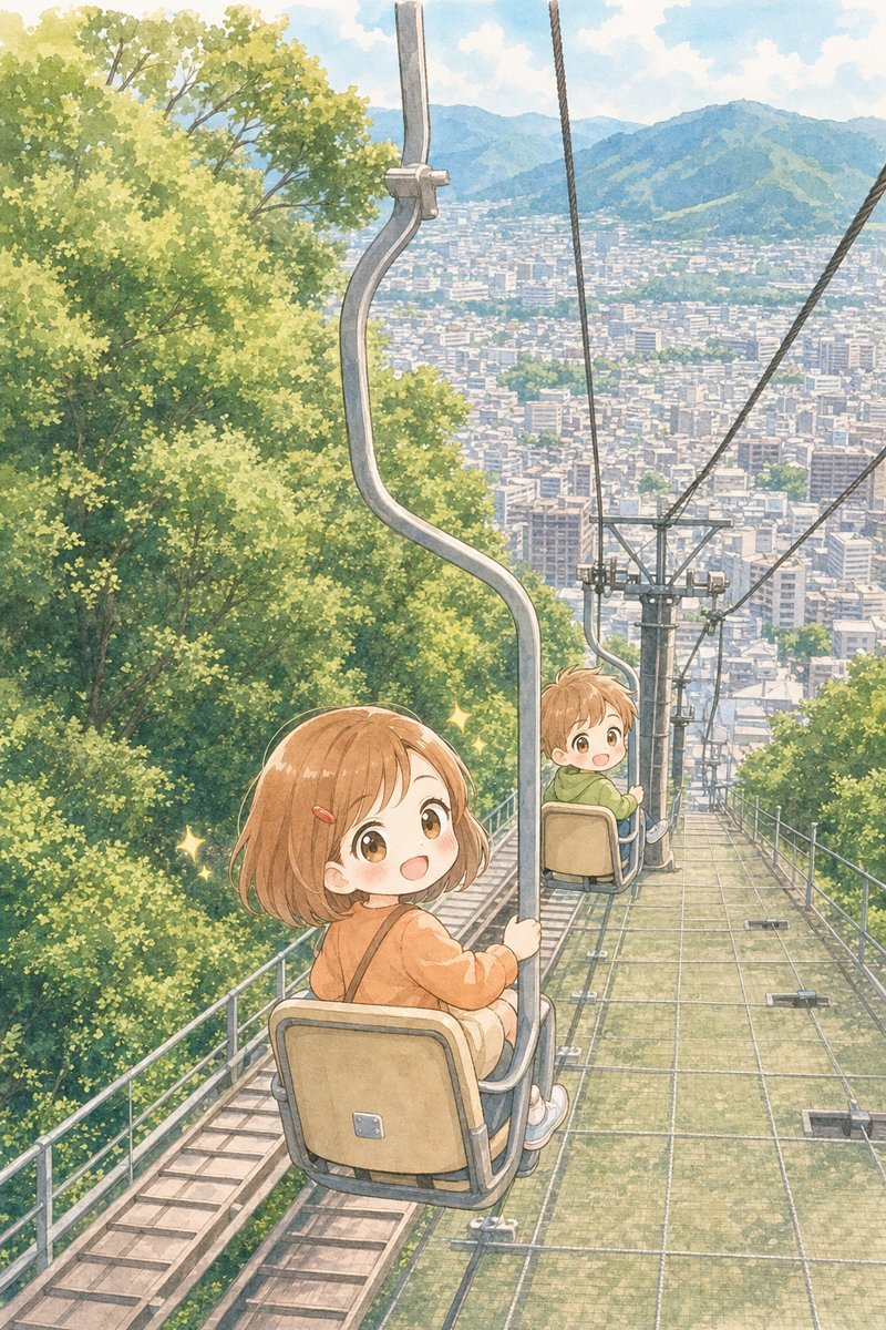 松山城のリフトに乗る子どもたちのイラスト