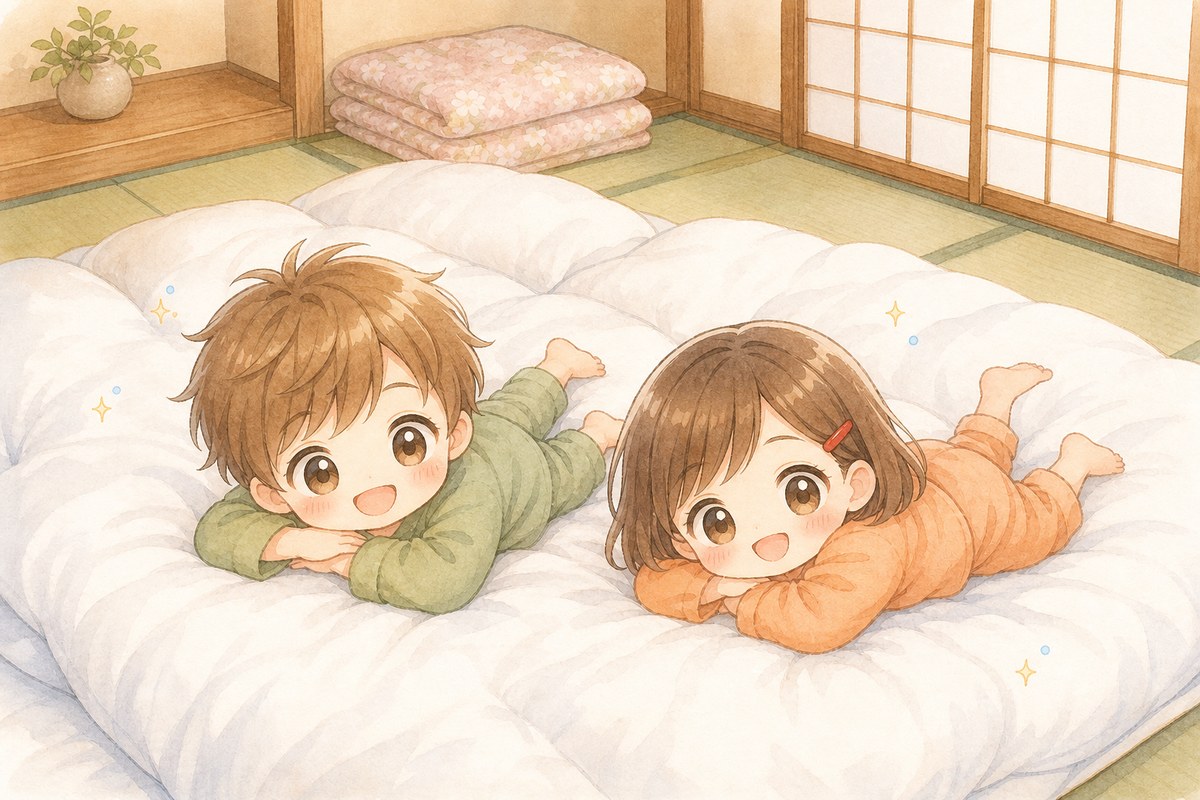 ホテルの布団でごろんとくつろぐ子どもたちのイラスト