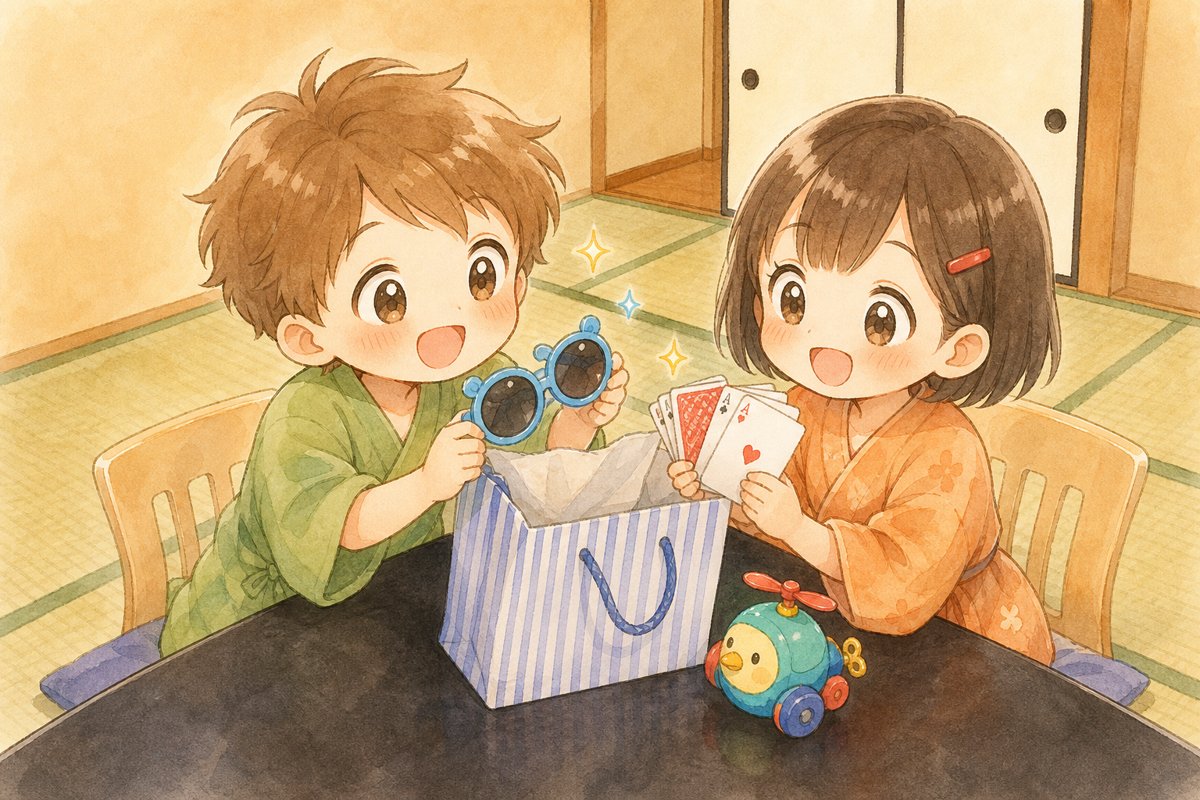 客室に用意されていた紙袋のプレゼントで遊ぶ子どもたちのイラスト
