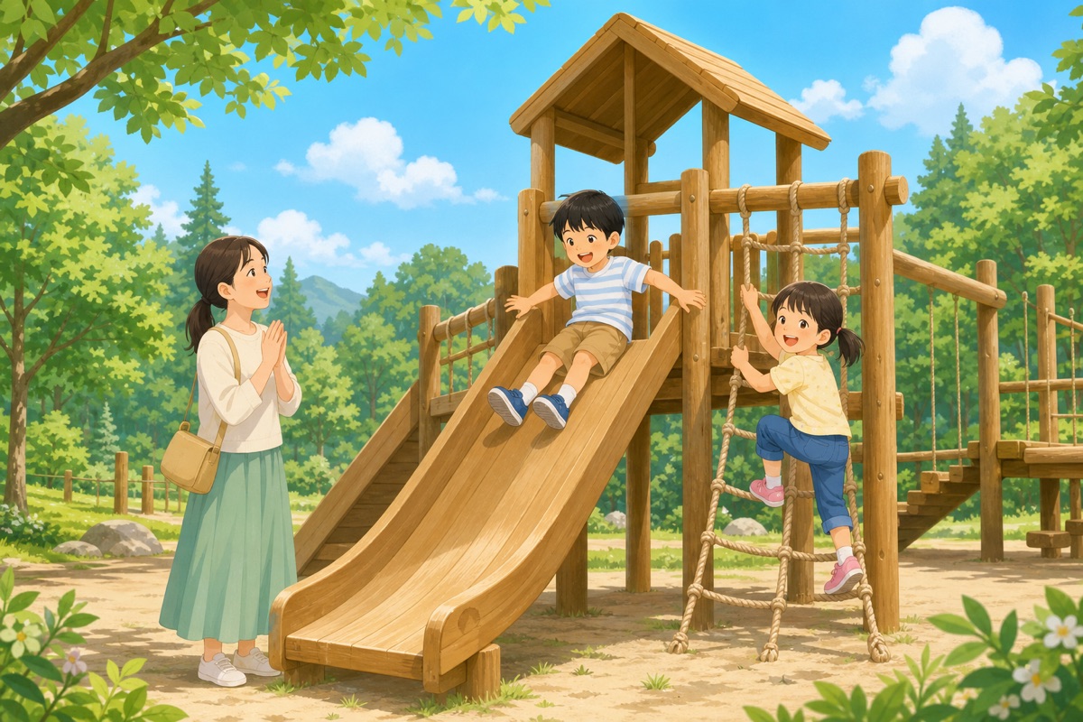 松江ふるさと森林公園で遊ぶ子どもたちのイラスト