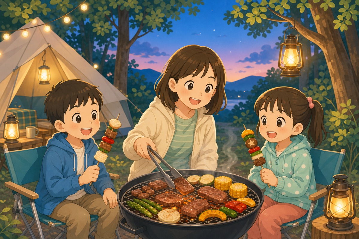 森林公園でファミリーBBQを楽しむイラスト