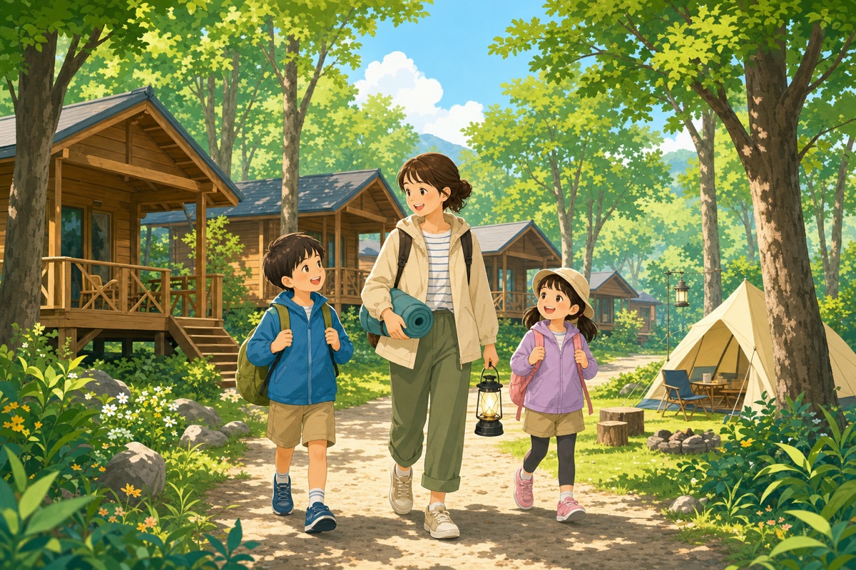 松江ふるさと森林公園のバンガローとキャンプサイトのイラスト