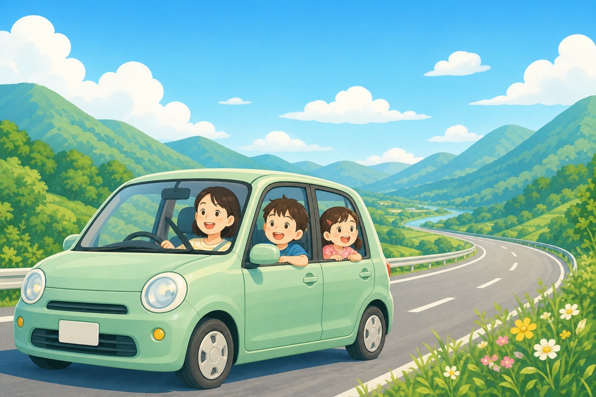 関西から島根へ家族ドライブのイラスト