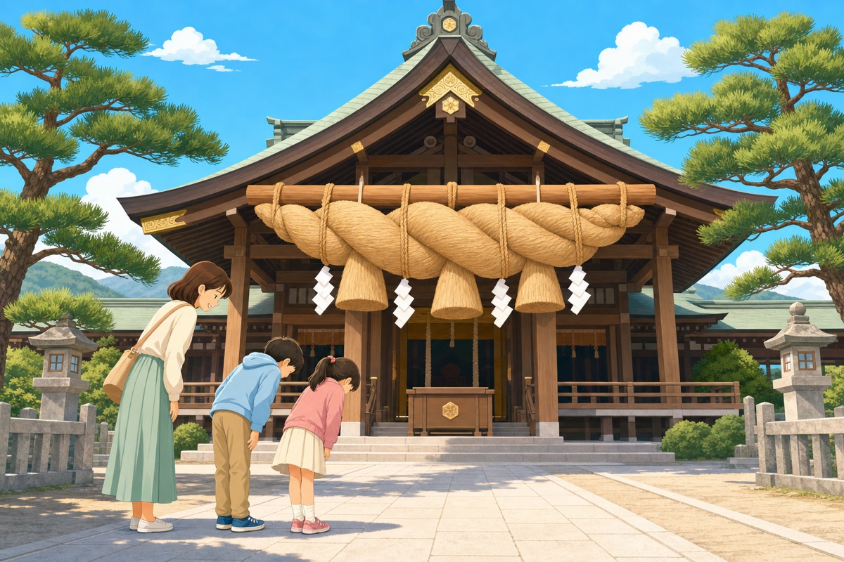 出雲大社の大しめ縄と親子のイラスト