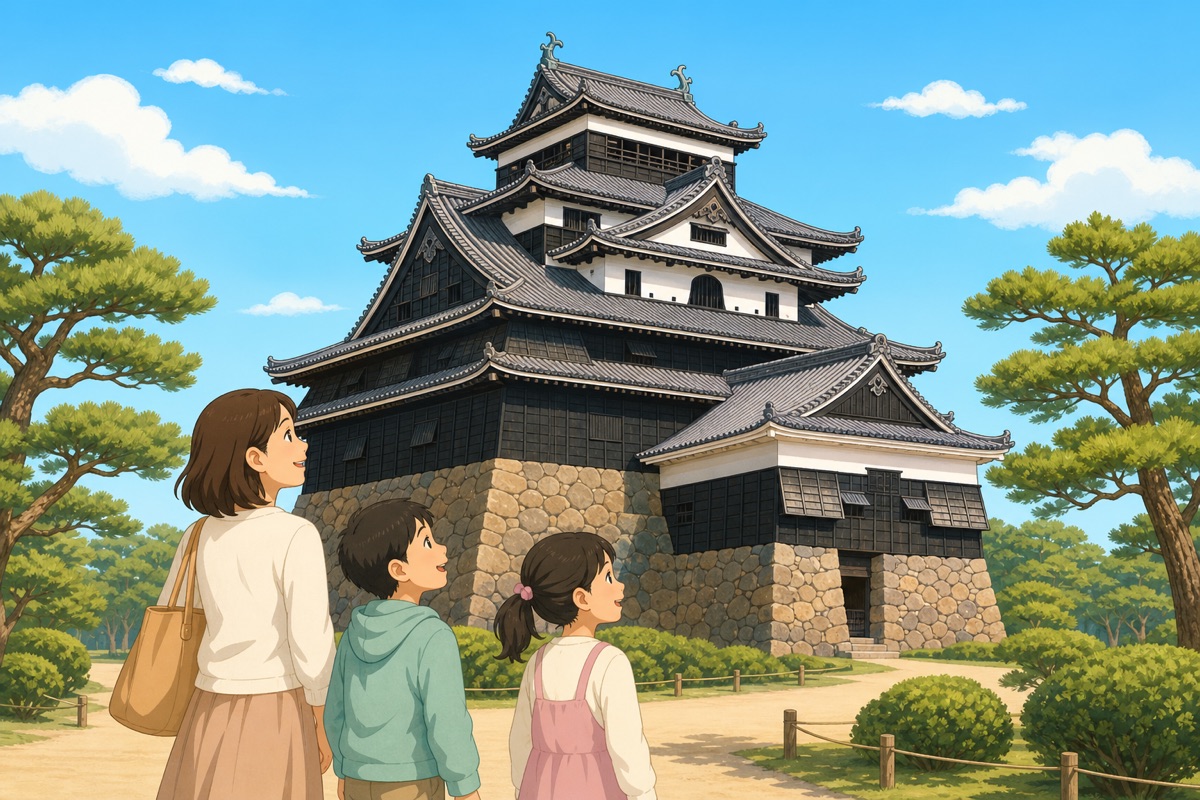 松江城を見上げる親子のイラスト