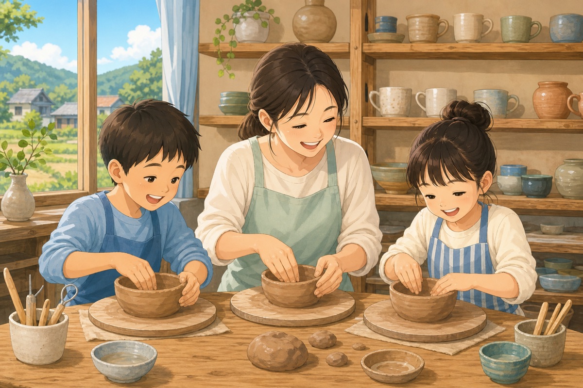 陶芸体験を楽しむ親子のイラスト