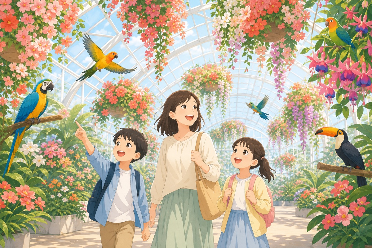 松江フォーゲルパークの花と鳥のイラスト