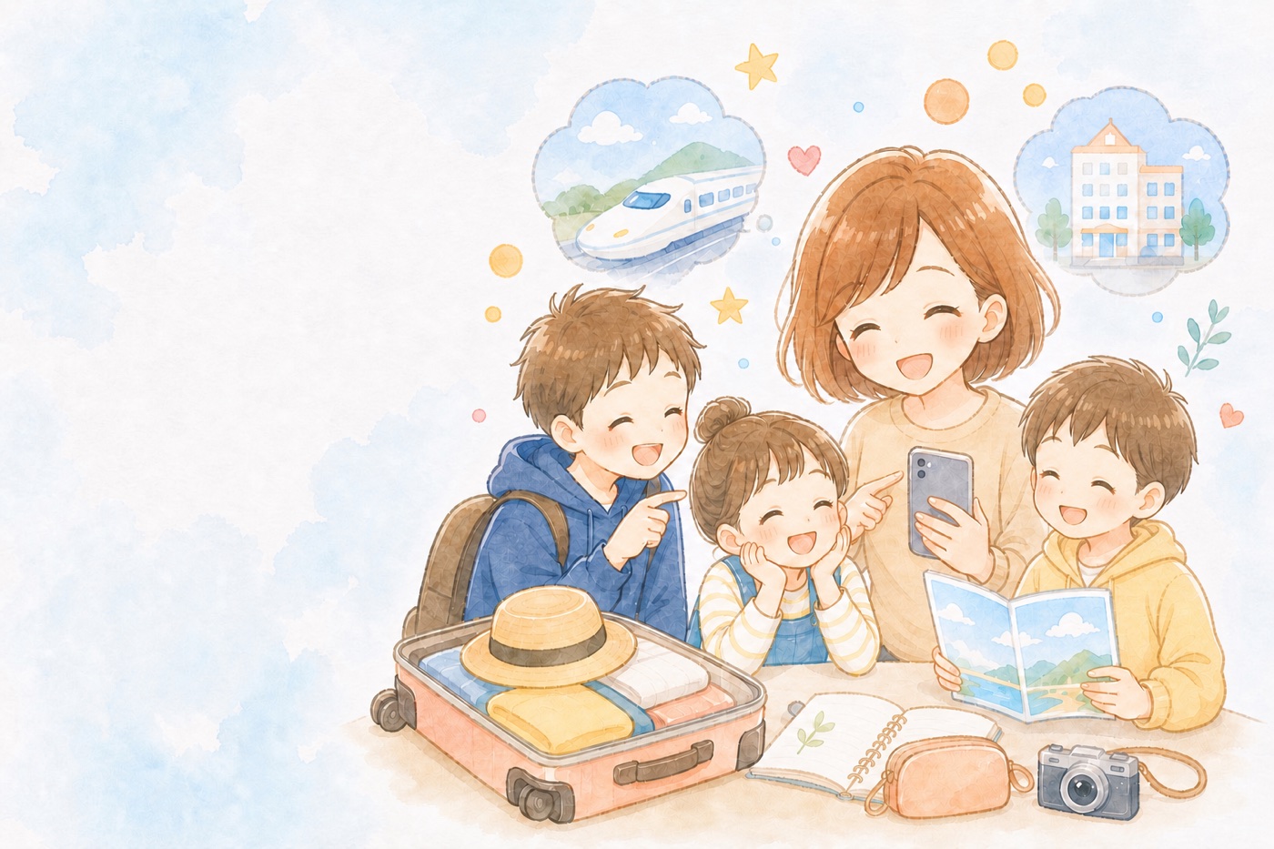 家族旅行の準備を楽しむYOLOMAMA親子の水彩イラスト