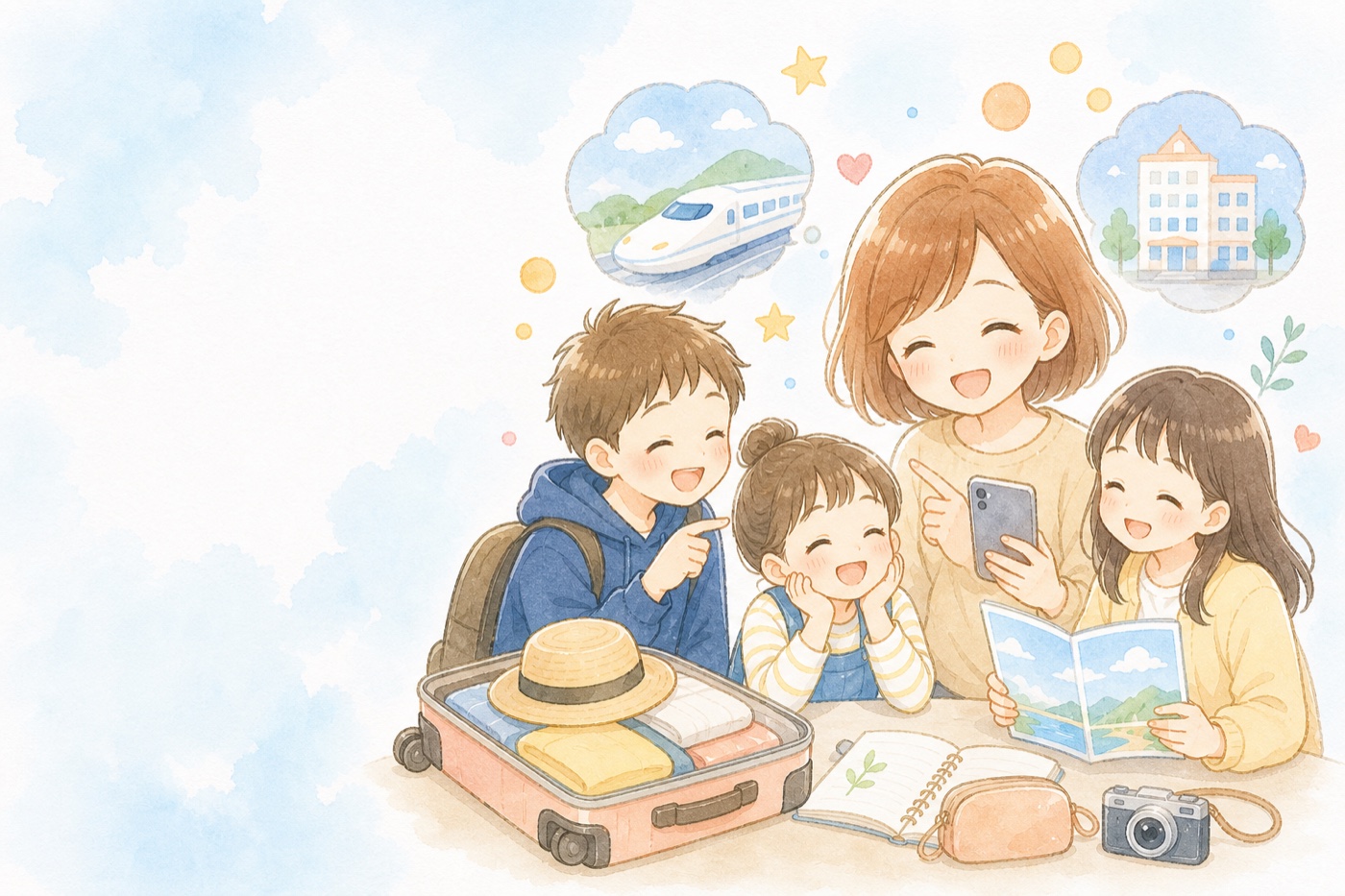 スーツケースを囲んでホテル予約の相談をする母と3人の子どもの水彩イラスト
